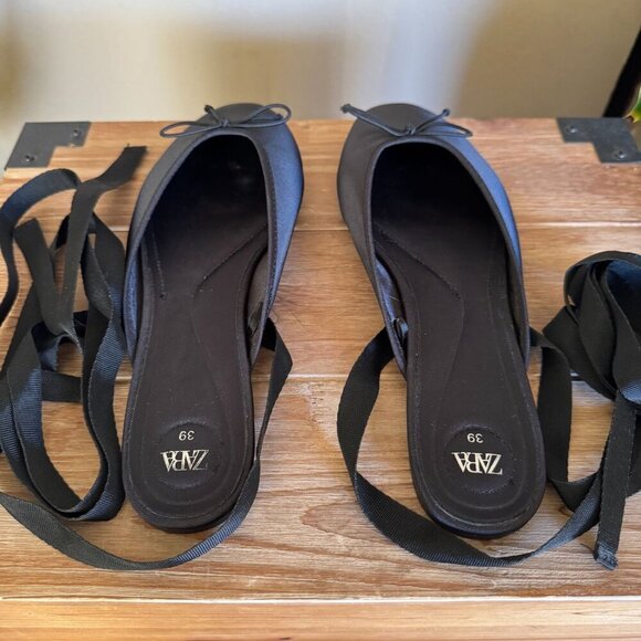 Zara Black Satin Mule Ankle Wrap Bow Detail Minimalist Ballet Flat Size 39 / 8 - Picture 10 of 15